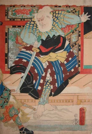 japancoll-p120-toyokuni-iii-kabuki-actor-in-front-of-a-dragon-screen-10684文久０１・07・豊国〈3〉（「白縫八景之内」）（「阿弥陀寺暮雪」）漁師鰭九郎 〈4〉坂東　彦三郎