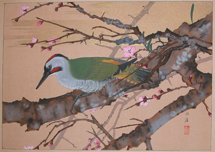 japancoll-p1200-rakuzan-early-spring:-red-plum-and-green-woodpecker-7749・・土屋楽山