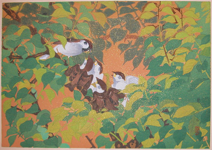 japancoll-p1200-rakuzan-early-summer:-sparrow-fledglings-and-plum-tree-7753・・土屋楽山