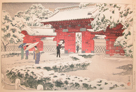 japancoll-p1400-shiro-red-gate-at-hongo-in-snow-8276昭和１０・笠松紫浪「本郷赤門の雪」