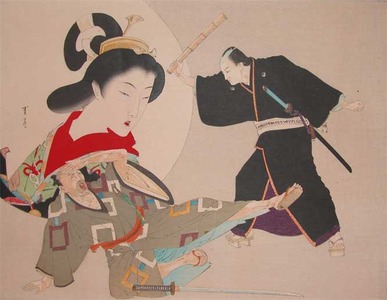 japancoll-p145-seitei-beautiful-woman-and-samurai-10263明治27・01・02省亭侠客　春雨傘おとこだて