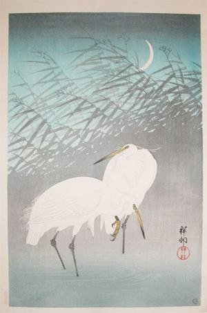 japancoll-p425-shoson-egrets-and-crescent-moon-5100・・小原古邨