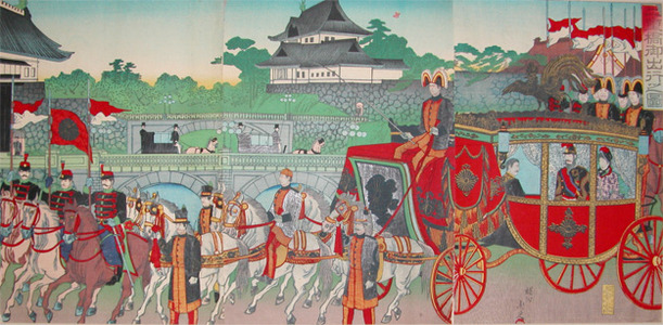 japancoll-p750-chikanobu-imperial-depature-at-nijubashi--tokyo-6037明治・・周延「二重橋御出行之図」