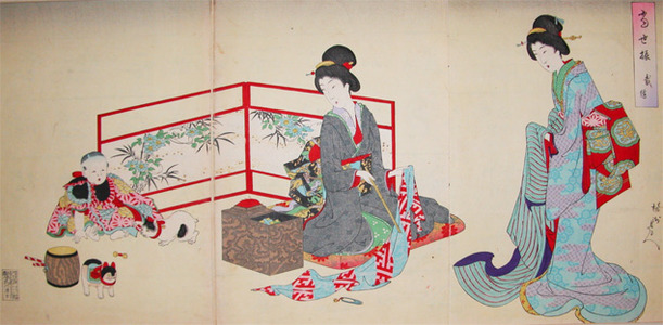 japancoll-p750-chikanobu-women-sewing-with-child-and-cat-6069明治２９・08・周延「当世振」「裁縫」