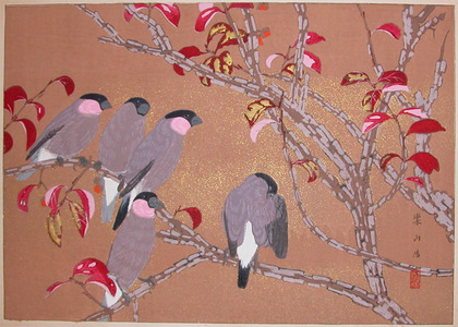 japancoll-p775-rakuzan-early-winter:-pink-necked-finches-and-nishikigi-7741・・土屋楽山