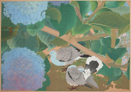 japancoll-p875-rakuzan-mid-summer--hydrangea-and-doves-7735・・土屋楽山（「紫陽花に長生鳩」）
