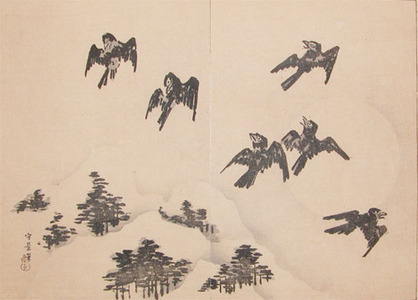 japancoll-p95-morikage-black-crows-4743明治２５・07・久隅守景（原）、渡辺秋渓（模）（「雪月迷鴉図」）
