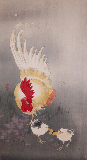japancoll-p975-koson-rooster--chicks-and-butterfly-6945明治・・小原古邨