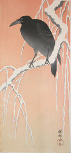 japancoll-p975-shoson-crow-on-snowy-willow-branch-207・・小原古邨