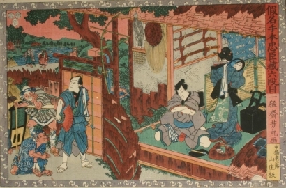 歌川芳虎: Fourty-seven Ronin: Act Vl. Three hunters bringing Yoichibei's corpse - Art Gallery of Greater Victoria