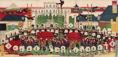 Utagawa Yoshitora: Fireman Parade and Acrobats - Art Gallery of Greater Victoria