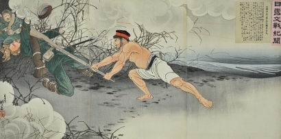 右田年英: Russo-Japanese War (Ohashi Keikichi Kills an Enemy Soldier) - Art Gallery of Greater Victoria