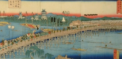 Utagawa Hiroshige II: The Long Bridge of Toyokawa at the Yoshida station of the Tokaido - Art Gallery of Greater Victoria