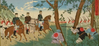 Toyohara Chikanobu: Qing Chinese Snipers Aiming at Japanese Commander - Art Gallery of Greater Victoria