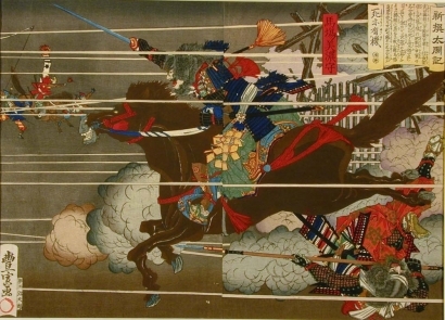 Utagawa Toyonobu: Minonokami Baba charging into battle - Art Gallery of Greater Victoria