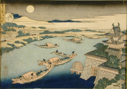 Estampe japonaise "Moonlight on the Yodo River" par Katsushika Hokusai, 葛飾北斎 (Katsushika Hokusai)