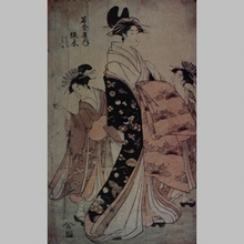 Hosoda Eishi: Midoriki of Wakamatsuya with Two Attendants - Art Gallery of Greater Victoria