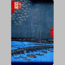 Ando Hiroshige, 歌川広重 (Ando Hiroshige)による浮世絵「Fireworks at Ryogoku Bridge」