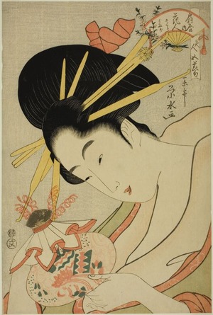 一楽亭栄水: Hanahito of the Ogiya with Attendants Sakura and Momiji, from the series Beauties during the Five Festivals (Bijin go sekku) - シカゴ美術館