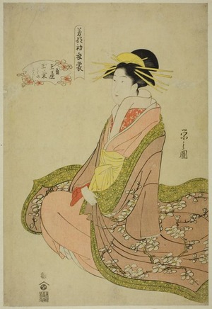細田栄之: New Clothes for the Festival of New Herbs (Wakana no hatsuisho): Tamagiku of the Kadotamaya with Attendants Kikuno and Kikuji - シカゴ美術館