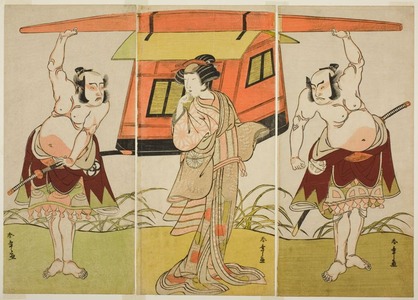 Katsukawa Shunsho: The Actors Otani Hiroji III as Yokambei (right), Nakamura Tomijuro I as Kuzunoha (center), and Bando Mitsugoro I as Yakambei (left), in the Last Scene from the Play Shinodazuma (The Wife from Shinoda Forest), Performed as a Supplement to the Play Kikyo-zome Onna Urakata (Female Diviner in Deep Violet), at the Morita Theater from the Ninth Day of the Ninth Month, 1776 - Art Institute of Chicago
