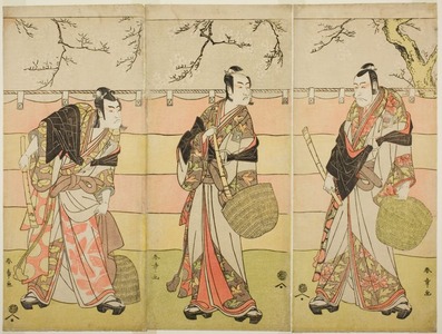 Katsukawa Shunsho: Three Komuso Monks: The Actors Ichikawa Ebizo (Danjuro V) as Kudo Suketsune (right), Ichikawa Monnosuke II as Soga no Juro Sukenari (center), and Ichikawa Omezo I as Soga no Goro Tokimune (left), in Act Six of the Play Waka Murasaki Edokko Soga (Pale Purple Soga, Edo Style), Performed at the Ichimura Theater from the Twenty-third Day of the First Month, 1792 - Art Institute of Chicago