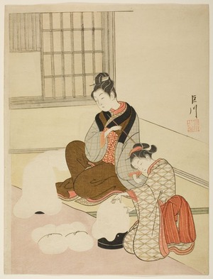 鈴木春信: Preparing Silk Floss-Evening Snow, from the series 
