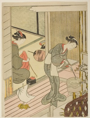Suzuki Harunobu: Eight Indoor Scenes (Zashiki Hakkei): A Towel Stand-A Boat Returning Home (Tenuguikake kihan) - Art Institute of Chicago