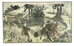 葛飾北斎: Scene at a Bridge over a Stream, with Nine Figures and Cottages, from the book The Stamping Song of Men (Otoko toka) - シカゴ美術館