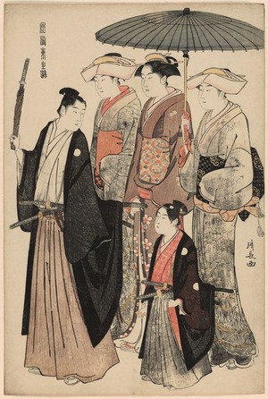 Torii Kiyonaga: A Young Nobleman, His Mother, and Three Servents (Daimyo no okugata, wakatono, wakazamurai to jijyo futari) from the series Beauties of the East as Reflected in Fashions (Fusoku azuma no nishiki) - Art Institute of Chicago