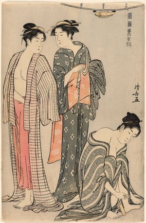 鳥居清長: In a Public Bathhouse (Yuagari san bijin) from the series Beauties of the East as Reflected in Fashions (Fuzoku azuma no nishiki) - シカゴ美術館