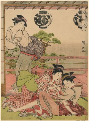 鳥居清長: Two Geisha Struggling (Fumi no arasoi) from the series Flowers of Nakasu (Nakasu no hana) - シカゴ美術館