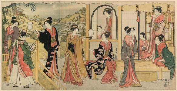 鳥居清長: Ushiwaka Serenading Joruri-hime (Ushiwaka-maru to Joruri-hime) - シカゴ美術館