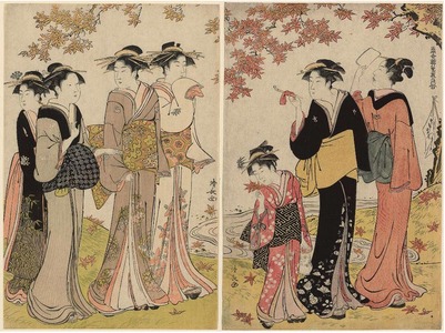 Torii Kiyonaga: Beauties under a Maple Tree, from the series A Contest of Fashionable Beauties of the Gay Quarters (Tosei yuri bijin awase) - Art Institute of Chicago
