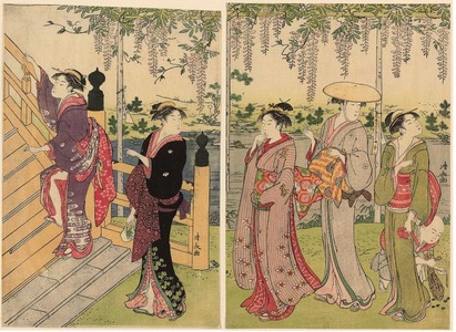 鳥居清長: Admiring the Wisteria at the Kameido Shrine (Kameido no fuji mi) - シカゴ美術館