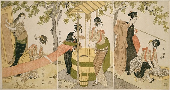 Utagawa Toyokuni I: Doing the Laundry by the Well Curb (Idobata no sentaku to araihari) - Art Institute of Chicago