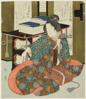 屋島岳亭: A Woman Pulling the Cord of a Wheeled Book Case, from the series 