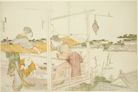 Katsushika Hokusai: Women on a Veranda Stretching Cloth to Dry - Art Institute of Chicago