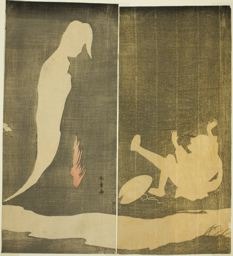勝川春章: Man Falling Backward, Startled by a Woman's Ghost over a River - シカゴ美術館