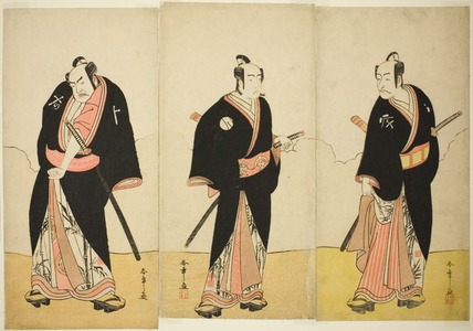 勝川春章: The Actors Ichikawa Danjuro V as Gokuin Sen'emon (right), Bando Mitsugoro I as An no Heibei (center), and Nakamura Sukegoro II as Kaminari Shokuro (left), in the Play Hatsumombi Kuruwa Soga, Performed at the Nakamura Theater in the Second Month, 1780 - シカゴ美術館
