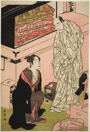 勝川春章: The Actor Sawamura Sojuro III (right), in His Dressing Room in Conversation with the Actor Segawa Kikunojo III (left) - シカゴ美術館