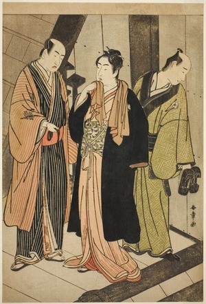 勝川春章: The Actors Ichikawa Monnosuke II (left), Iwai Hanshiro IV (center), and Iwai Karumo (?) (right), on a Landing Backstage - シカゴ美術館