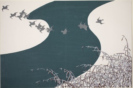 神坂雪佳: Plovers Flying Across a River above Snow-Laden Reeds (Fuyu no Kawa), from the series 