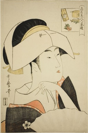 Kitagawa Utamaro: Tomimoto Toyohina, from the series Renowned Beauties Likened to the Six Immortal Poets (Komei bijin rokkasen) (Tomimoto Toyohina) (picture-riddle) - Art Institute of Chicago
