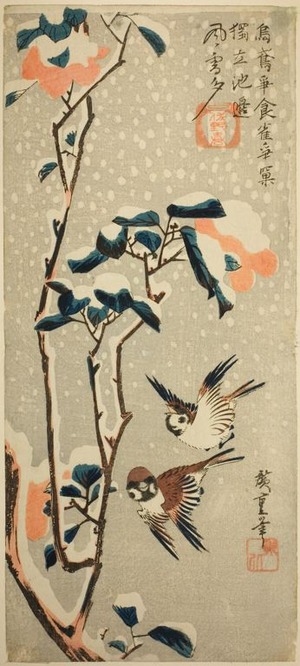 Utagawa Hiroshige: Camellias and Sparrows in Falling Snow - Art Institute of Chicago