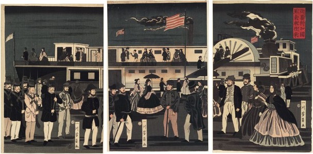 Utagawa Yoshikazu: Arrival and Departure of an American Steamship (Amerikakoku jôkisha ôrai) - Art Institute of Chicago