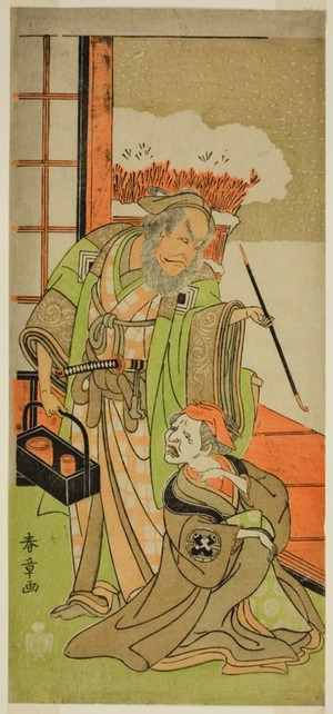 勝川春章: The Actors Nakamura Utaemon I as Karashi Baba (right), and Ichikawa Danjuro IV as Sanshodayu (left), in the Play Kawaranu Hanasakae Hachi no Ki, Performed at the Nakamura Theater in the Eleventh Month, 1769 - シカゴ美術館