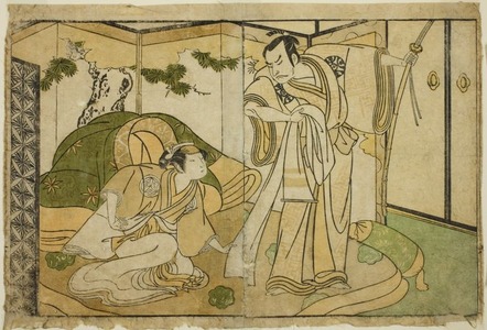 勝川春章: The Actors Nakamura Nakazo I as Taira no Kiyomori (right), and Yamashita Kinsaku II as Tokiwa Gozen (left), in the Play Nue no Mori Ichiyo no Mato, Performed at the Nakamura Theater in the Eleventh Month, 1770 - シカゴ美術館