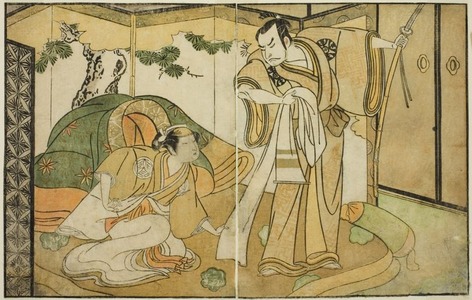 勝川春章: The Actors Nakamura Nakazo I as Taira no Kiyomori (right), and Yamashita Kinsaku II as Tokiwa Gozen (left), in the Play Nue no Mori Ichiyo no Mato, Performed at the Nakamura Theater in the Eleventh Month, 1770 - シカゴ美術館