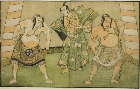 勝川春章: The Actors Nakamura Sukegoro II as Matano no Goro (right), Onoe Kikugoro I as Soga no Taro (center), and Otani Hiroji III as Kawazu no Saburo (left), in the Play Myoto-giku Izu no Kisewata, Performed at the Ichimura Theater in the Eleventh Month, 1770 - シカゴ美術館